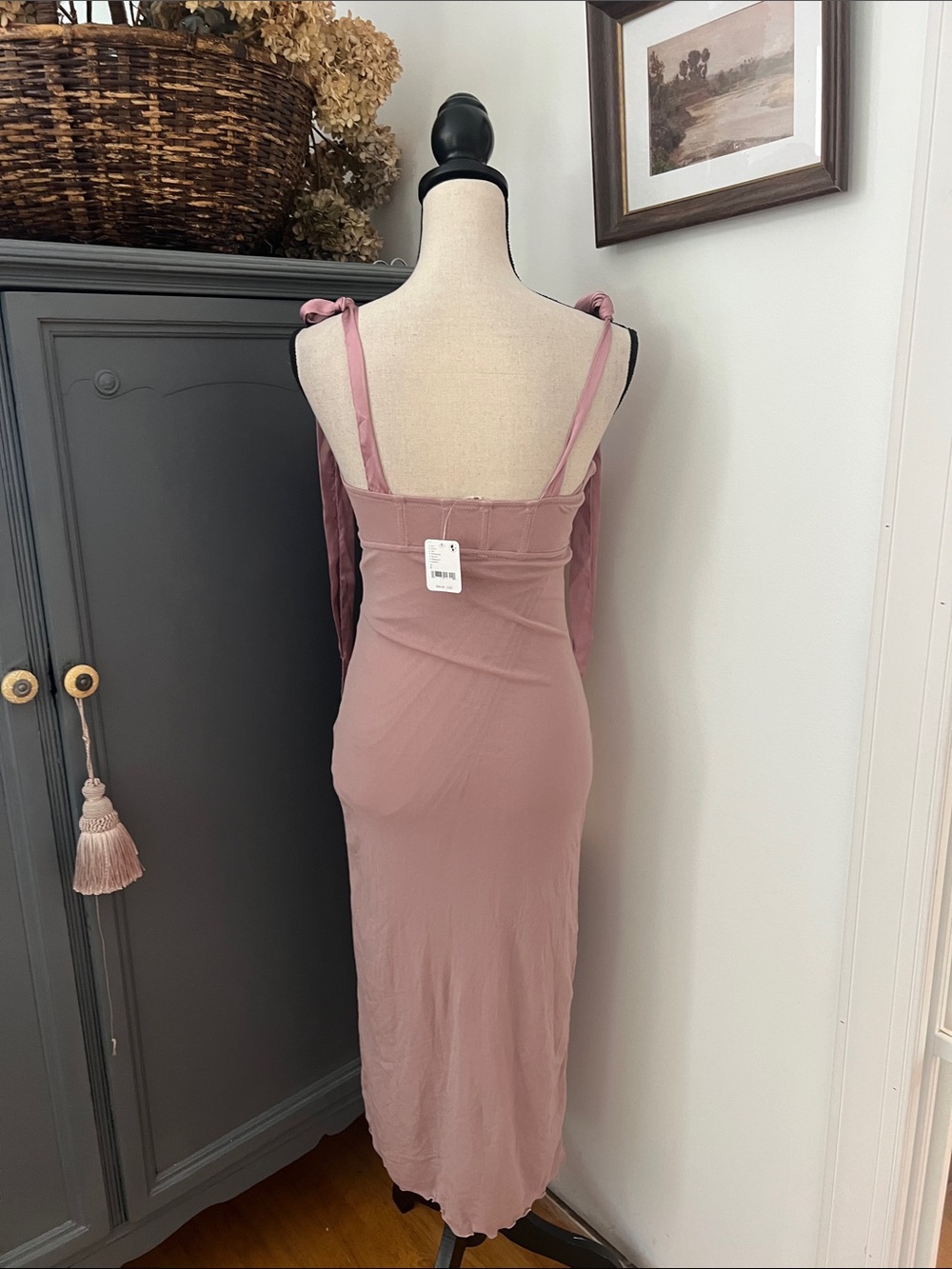 NWT Free People Got Glam Mesh Slip Midi Dress Pink Satin Tie Straps Feminine - Picture 4 of 4